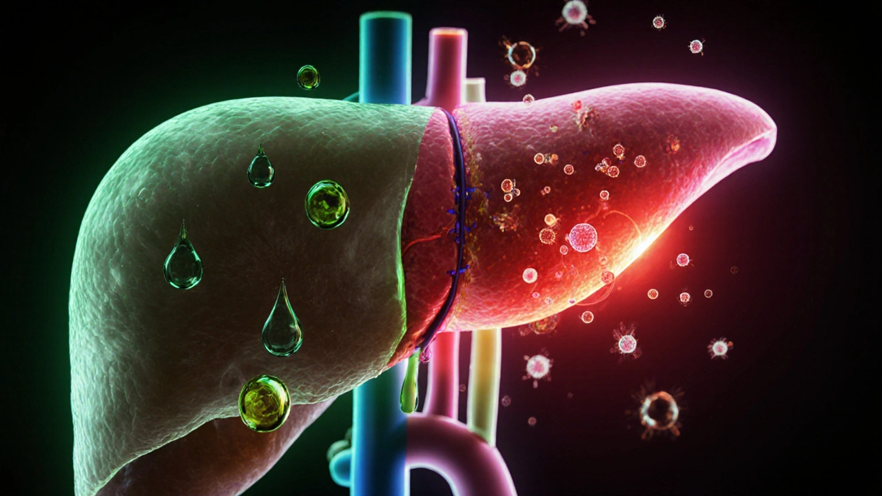 Porovnání zdravého a zatíženého jater při užívání CBD.