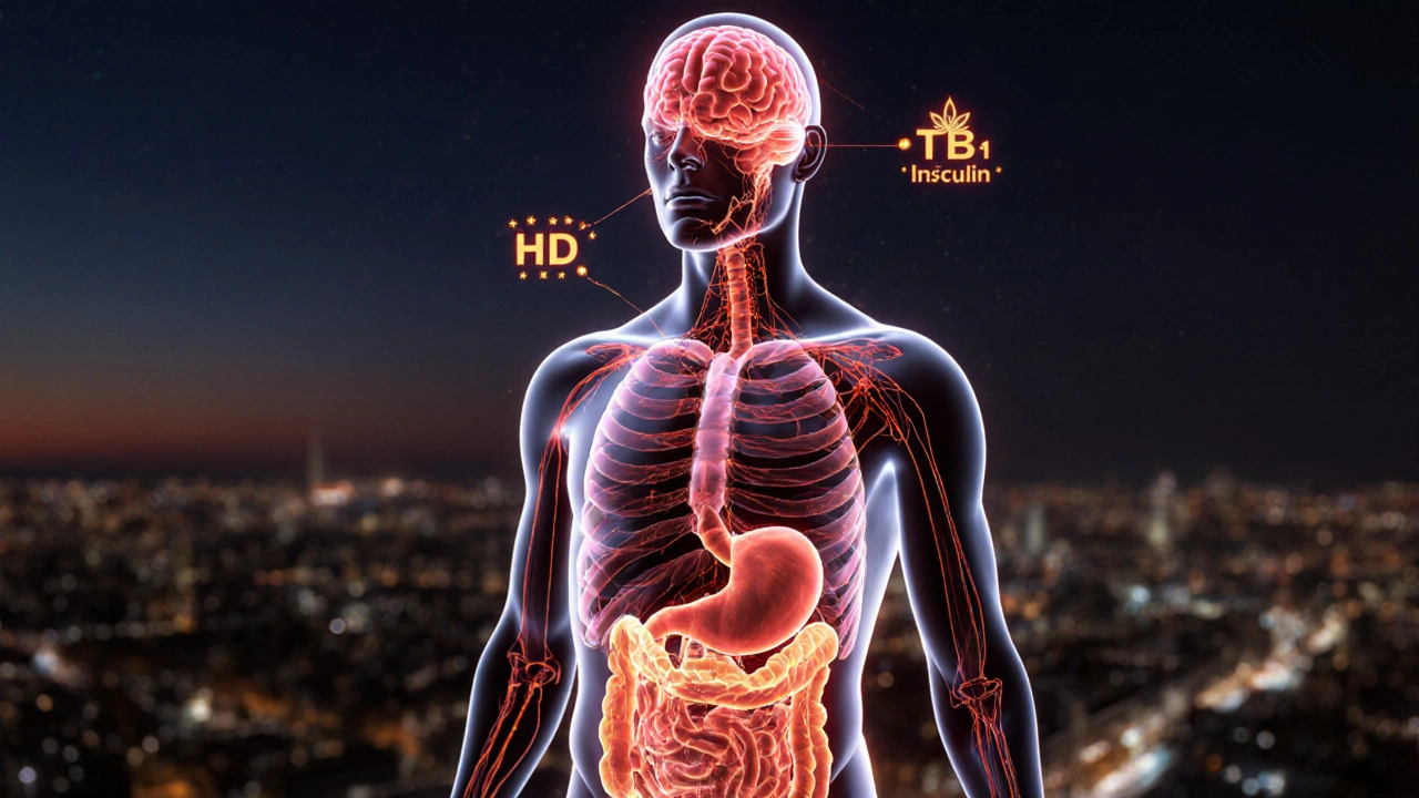 Průřez těla s ukázkou ukládání břišního tuku spojeného s THC v mozku.