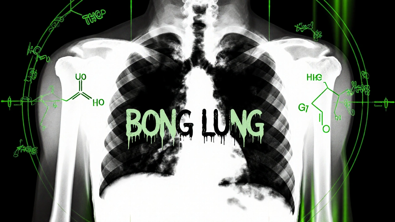 Rentgen hrudníku s černým kouřem plnícím plicní tkáň a chemickými strukturami THC-O a THC-P.