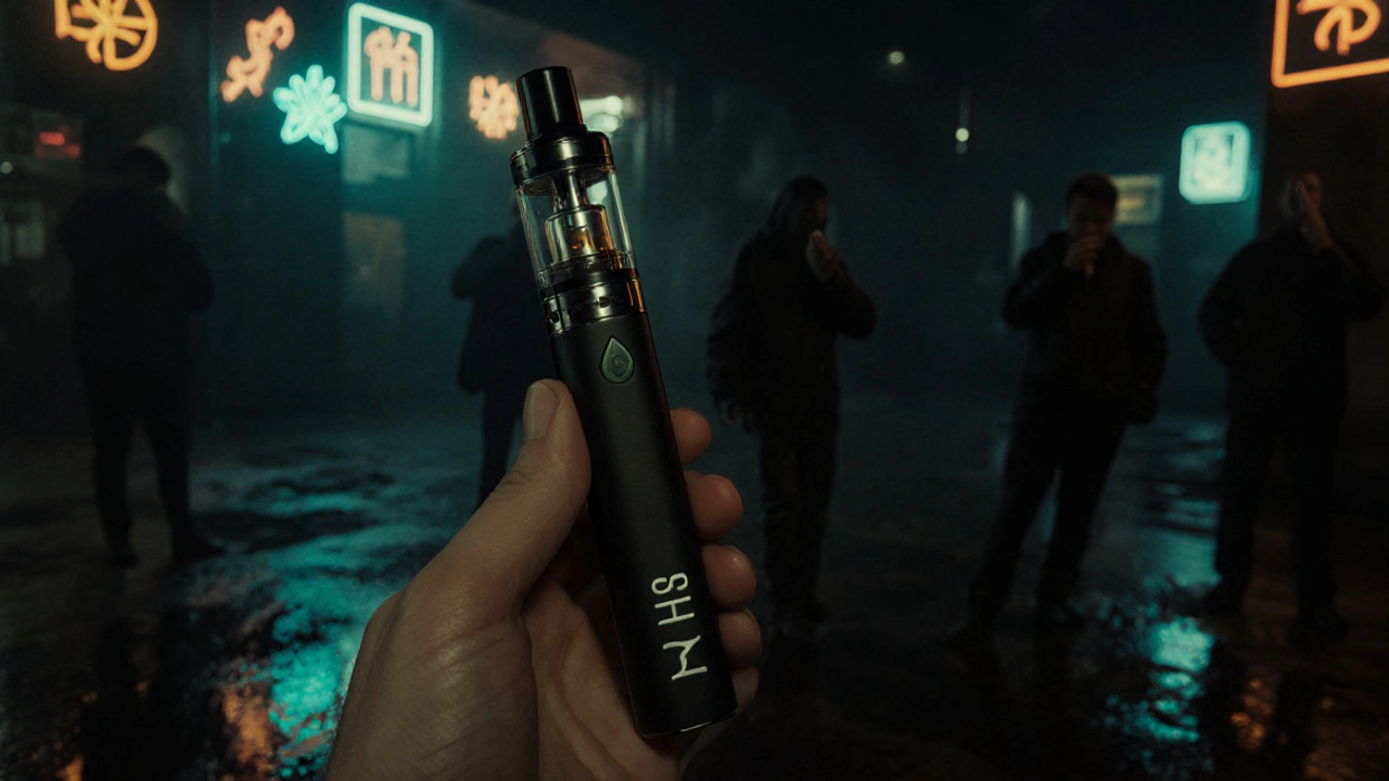 Ruka drží vape pen s THC tekutinou v temném městském prostředí, záhadná nebezpečí.