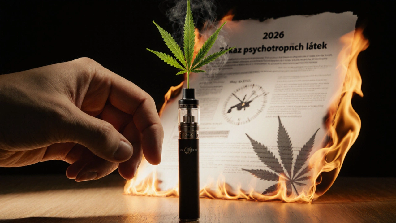 Ruka nad vape penem, hodiny ukazují 2026 a hoří právní dokument.