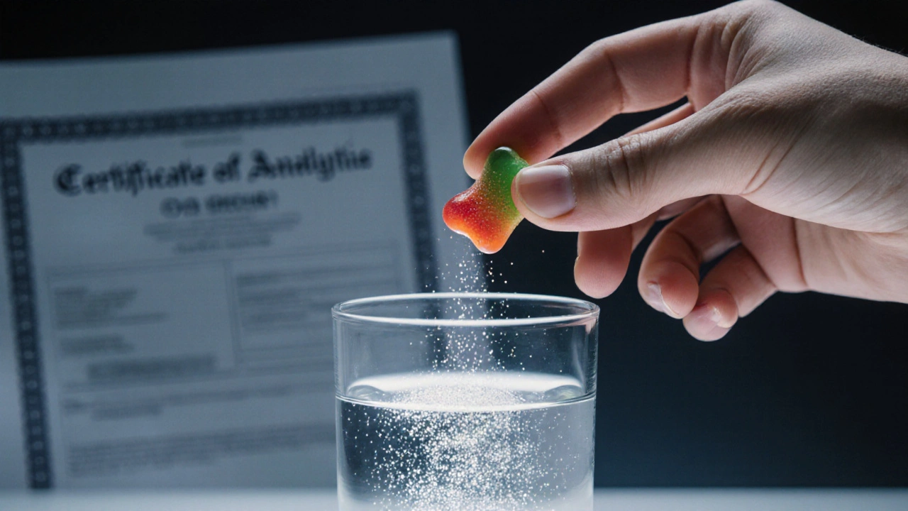 Ruka ukládá CBD gummy do vody, kde se rozpouští do mikroskopických částic, s laboratorním certifikátem na pozadí.