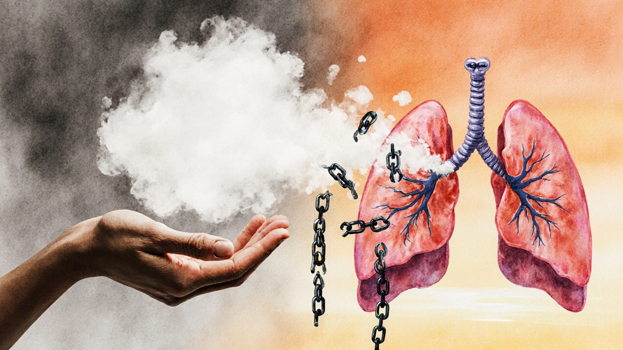 Ruka uvolňující páru, která se mění v rozbité řetězy od plic, symbolizující uzdravení.