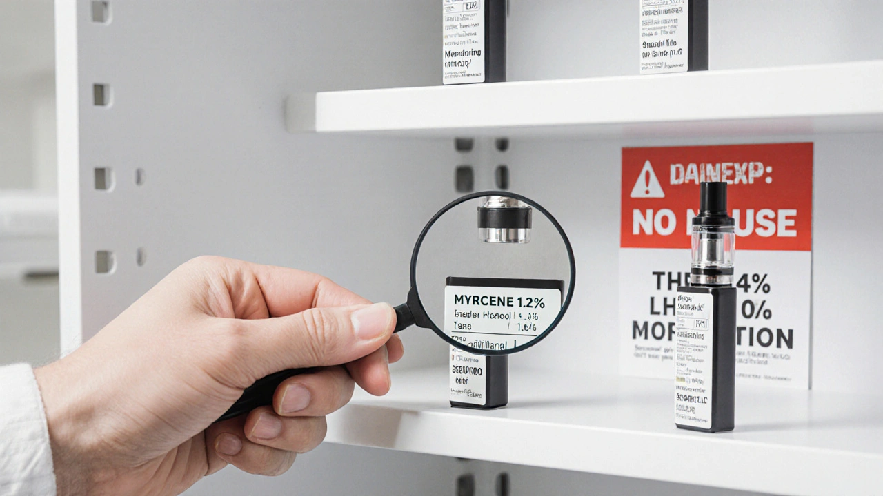 Ruka vybírá vape s jasně uvedeným terpenovým profilem a varováním proti THCP.