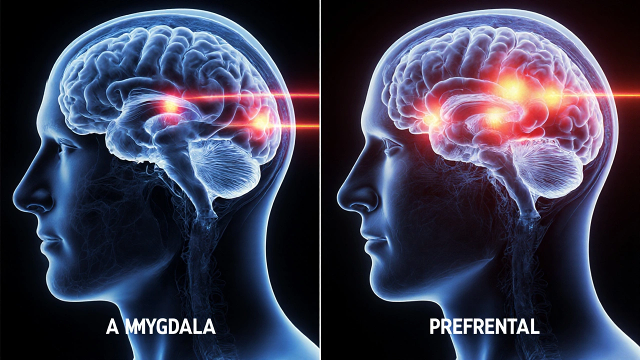 Srovnání mozkových aktivit: normální vs. THC-přetížený mozek s označenými oblastmi.