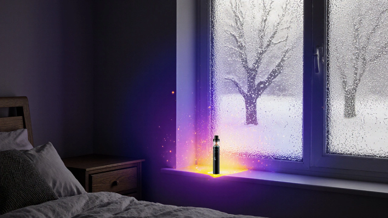 Teplotní obraz stěny s neviditelnými zbytky páry a malým vypařovačem skrytým pod polštářem.