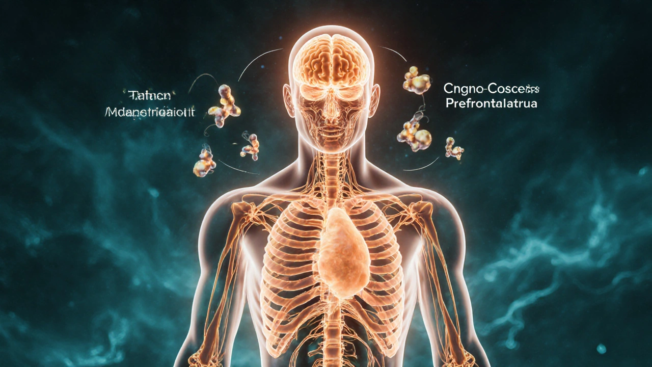 Trasparentní lidské tělo s vykresleným endokanabinoidním systémem a CBD molekulami.