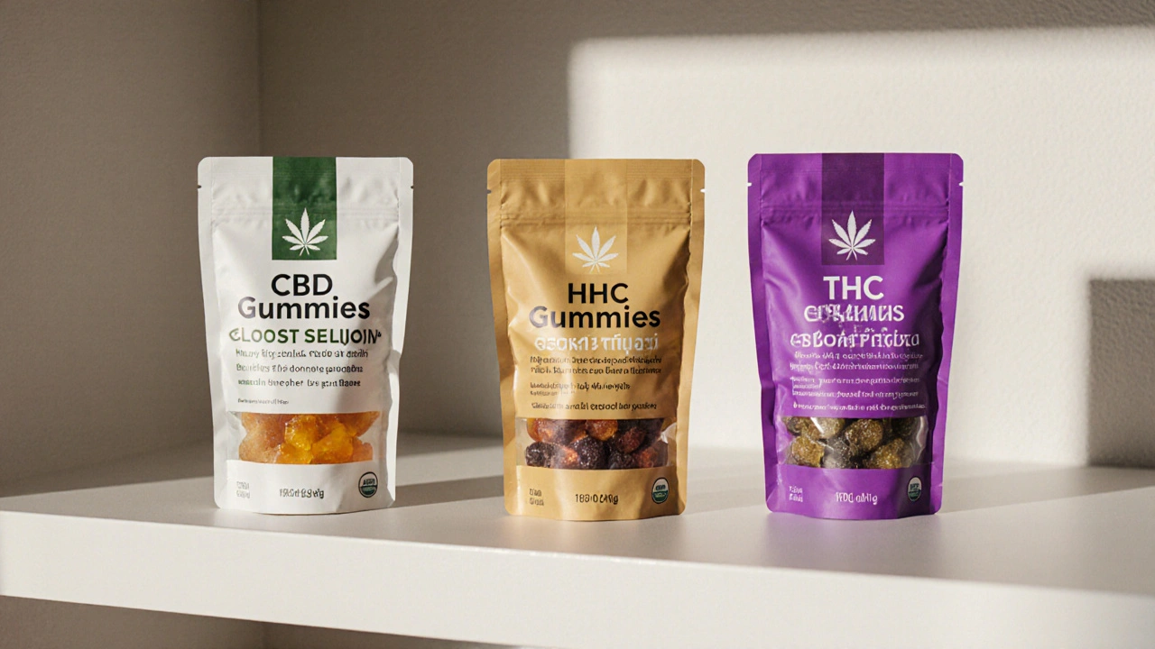 Tři druhy gumiček na police: CBD, HHC a THC, vizuálně znázorňující míru účinku.