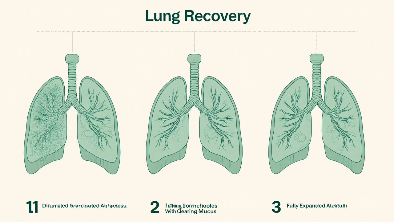 Tři fáze obnovy plic: poškození, čištění a obnova dýchacích cest v časové posloupnosti.