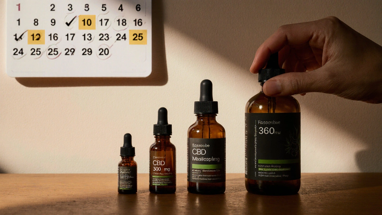 Tři láhve CBD různých velikostí na dřevěném stole, ruka zavírá největší.