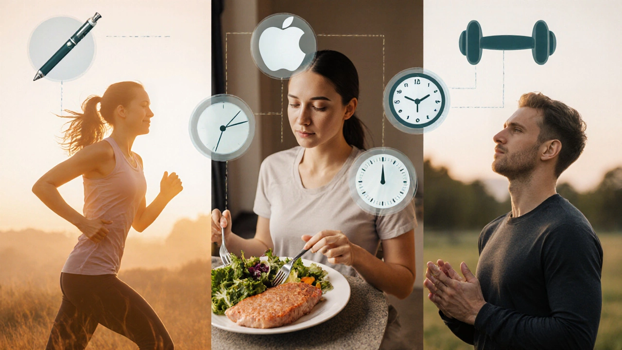 Tři lidé v různých zdravých aktivitách: běh, příprava jídla a meditace.