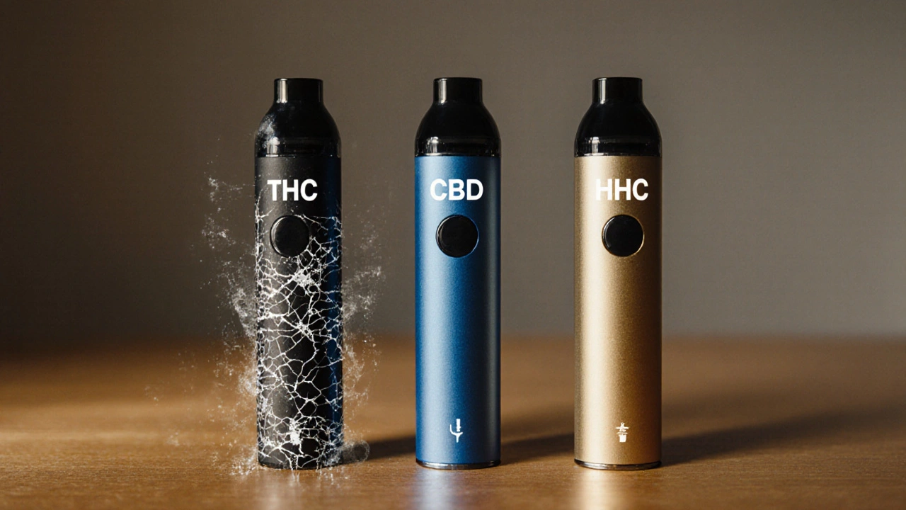 Tři vape zařízení s vizuálními symboly jejich různých účinků na stole.