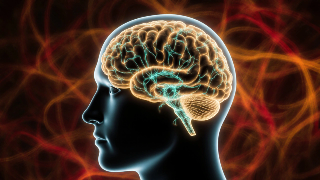 Uvnitř mozku jemně svítící neurony symbolizující klidný účinek HHC.