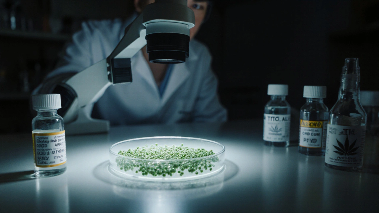 Vědec pozoruje v laboratoři působení CBD na amyloidní plaky pod mikroskopem.