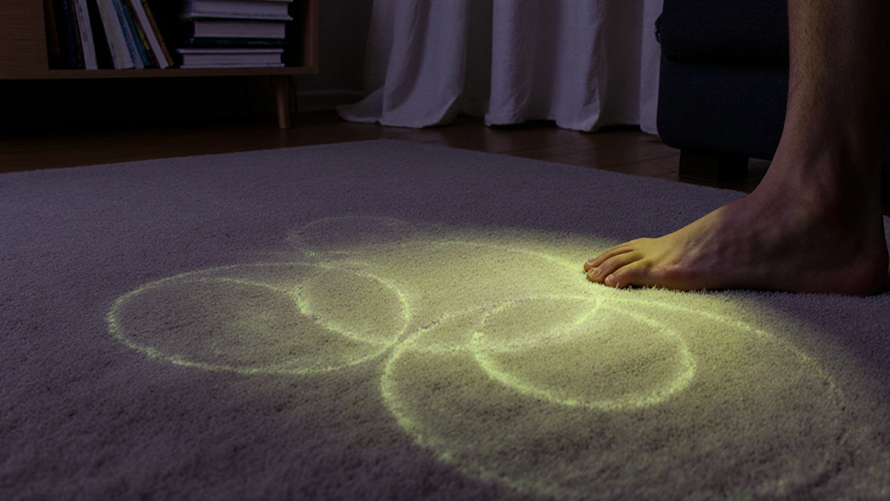 Vlněný koberec s jemnými světlejšími skvrnami, které fluoreskují pod UV světlem jako důkaz vypařování THC.