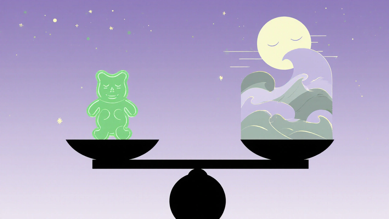 Vyvážená váha s CBD gumičkou a symboly klidu, spánku a úlevy od bolesti.