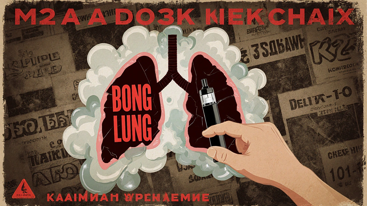 Vzorová varovná plakátová ilustrace plic z kouře a skla s nápisem &#039;Bong Lung&#039; v českém stylu.