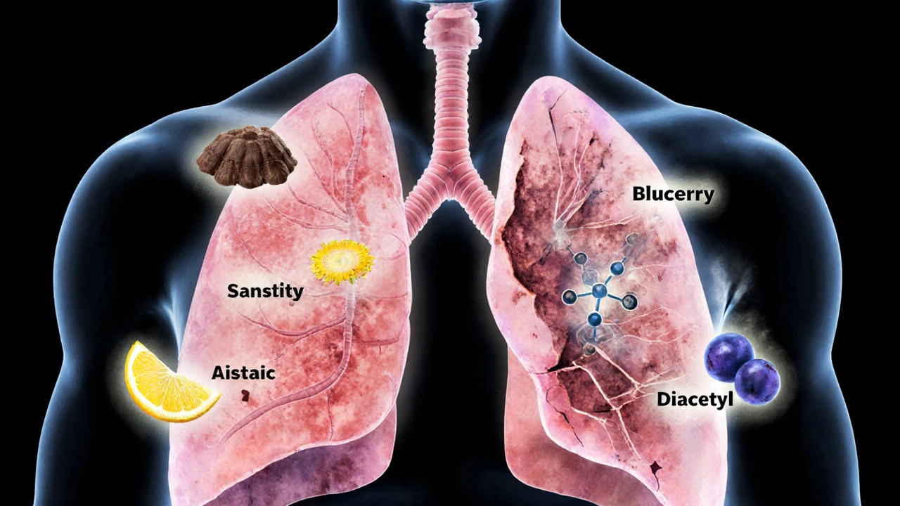 Zdravé vs. poškozené plicní tkáně: přírodní terpeny na jedné straně, diacetyl na druhé, stylizované vodovými barvami.