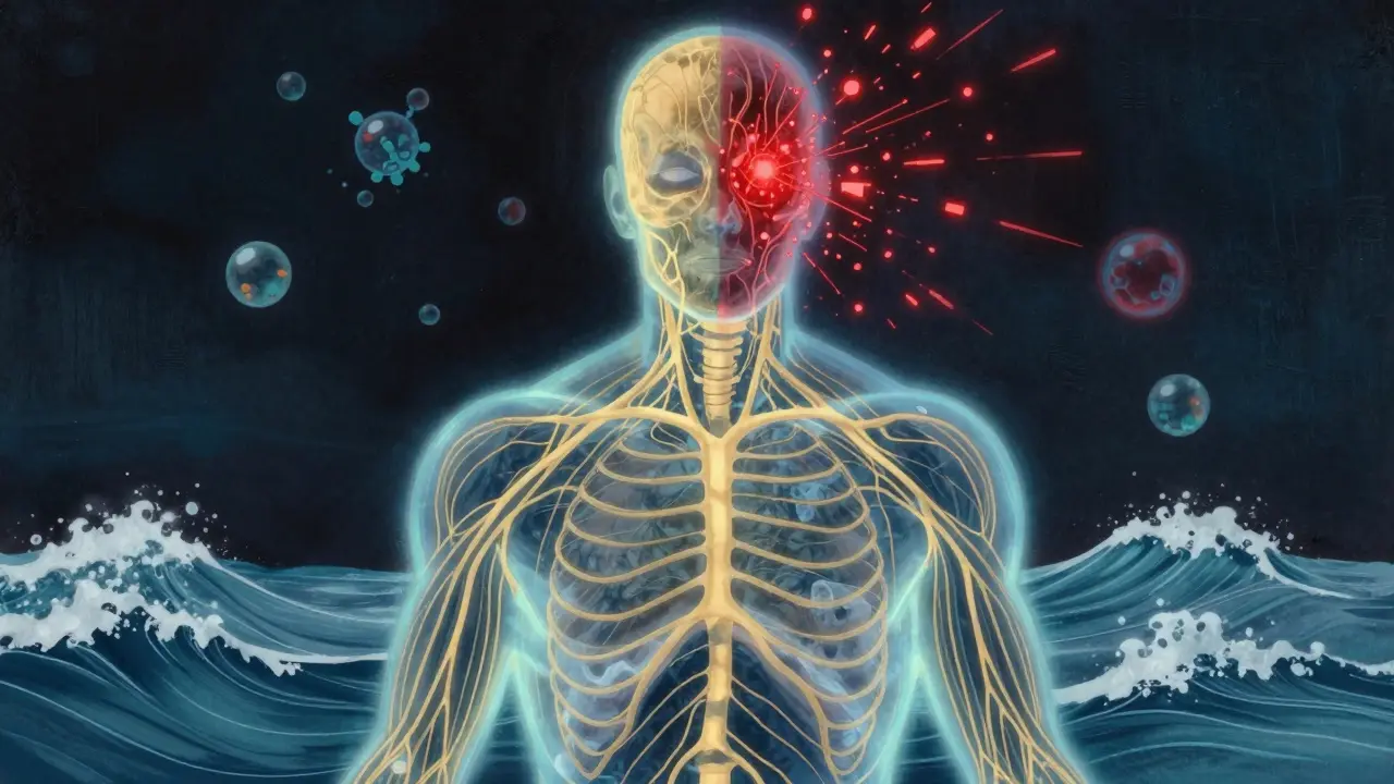 Abstraktní znázornění nervového systému v klidu pod vlivem CBD.