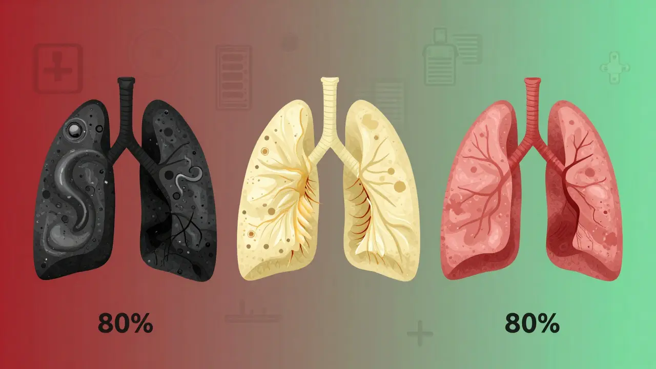 Časová osa hojení plic: poškození, obnova a trvalé jizvy.