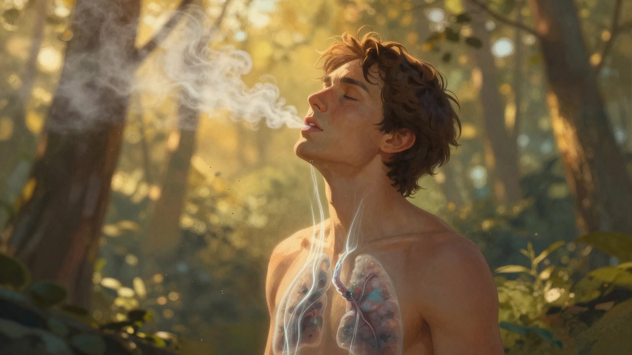 Člověk dýchá hluboce v lese, z jeho plic se odstraňují tmavé částice do čistého vzduchu.