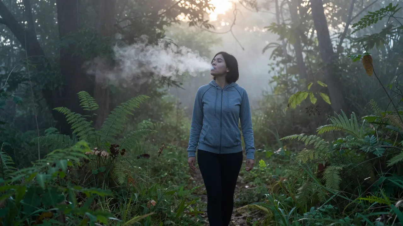 Člověk kráčí v mlze ráno, dýchá hluboce při obnově plic.