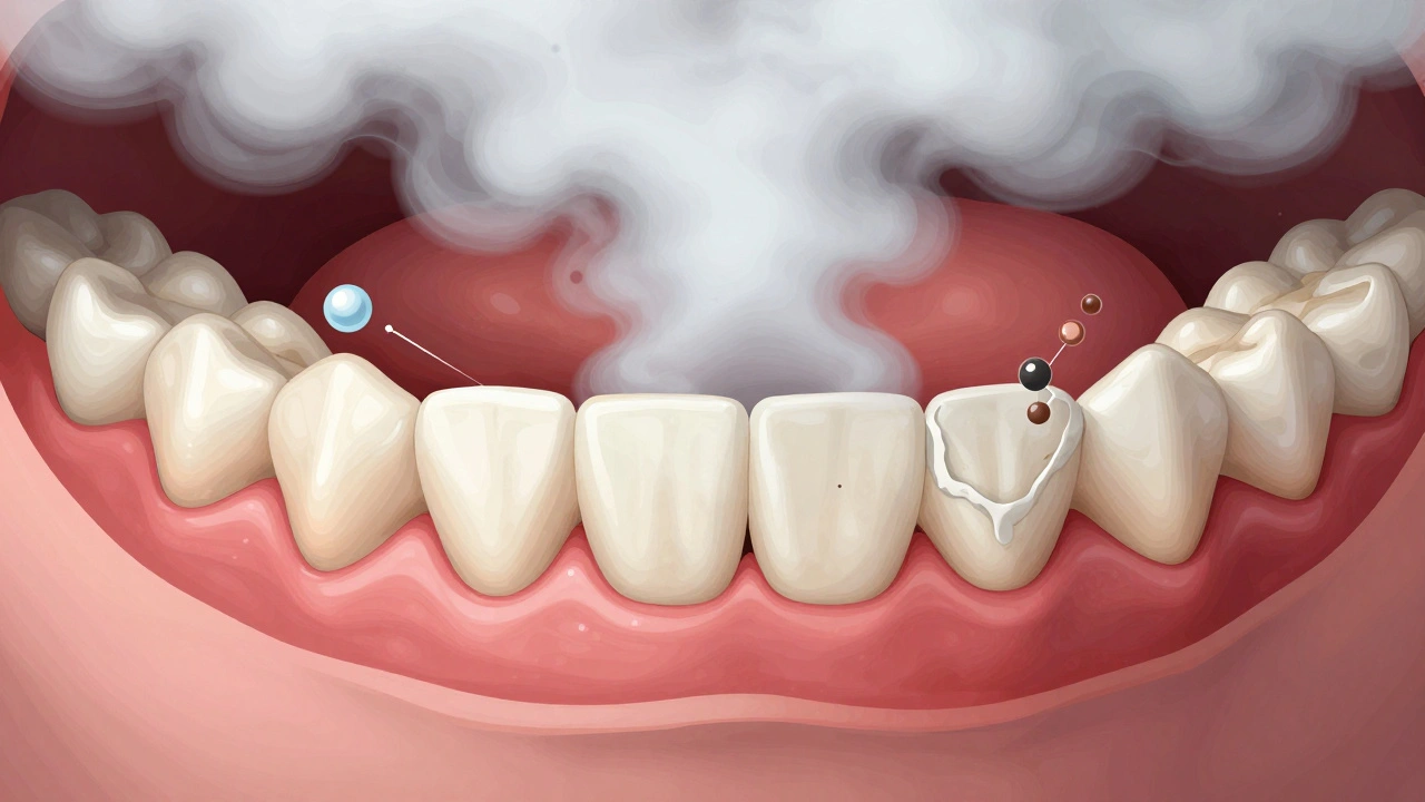 Cross-section of mouth showing chemical damage from THC vapor on gums and teeth.