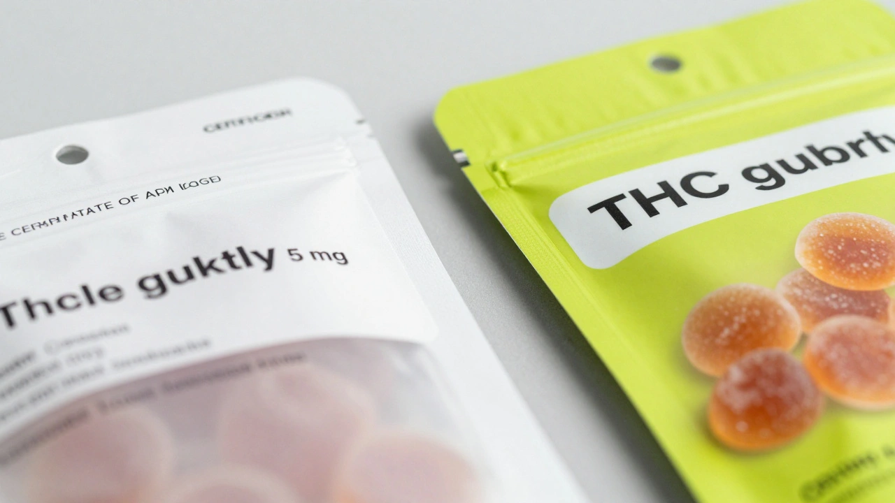 Dva balíčky THC gumiček: jeden s čistým popisem a COA, druhý s nejasným označením.