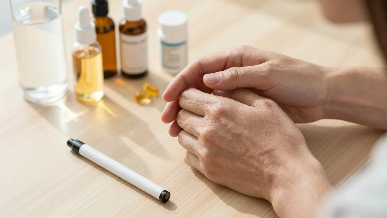 Hands and neck showing signs of skin aging with vape pen and skincare products nearby.