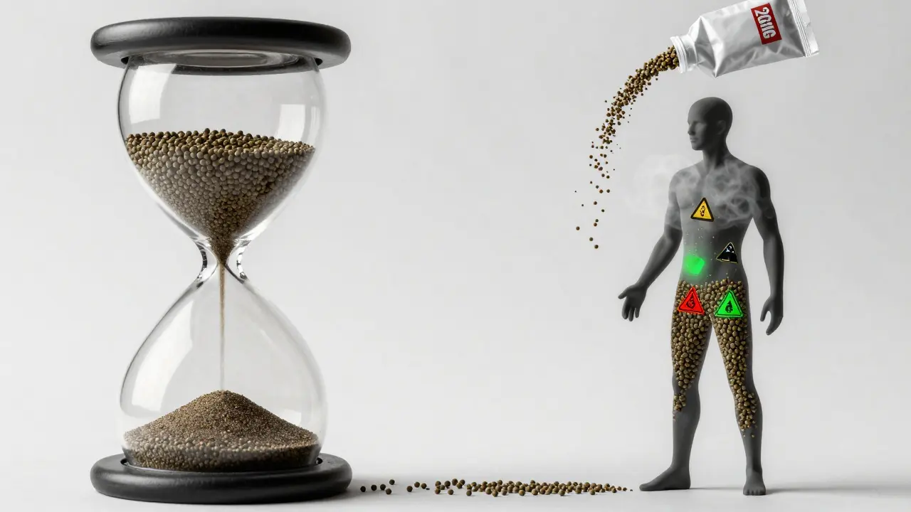 Hodiny naplněné molekulami THC, které se vylévají do lidské postavy, která se rozpadá.