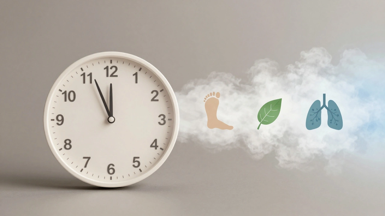 Hodiny symbolizují léčbu plic: voda, chůze, list a plíce postupně nahrazují kouř.