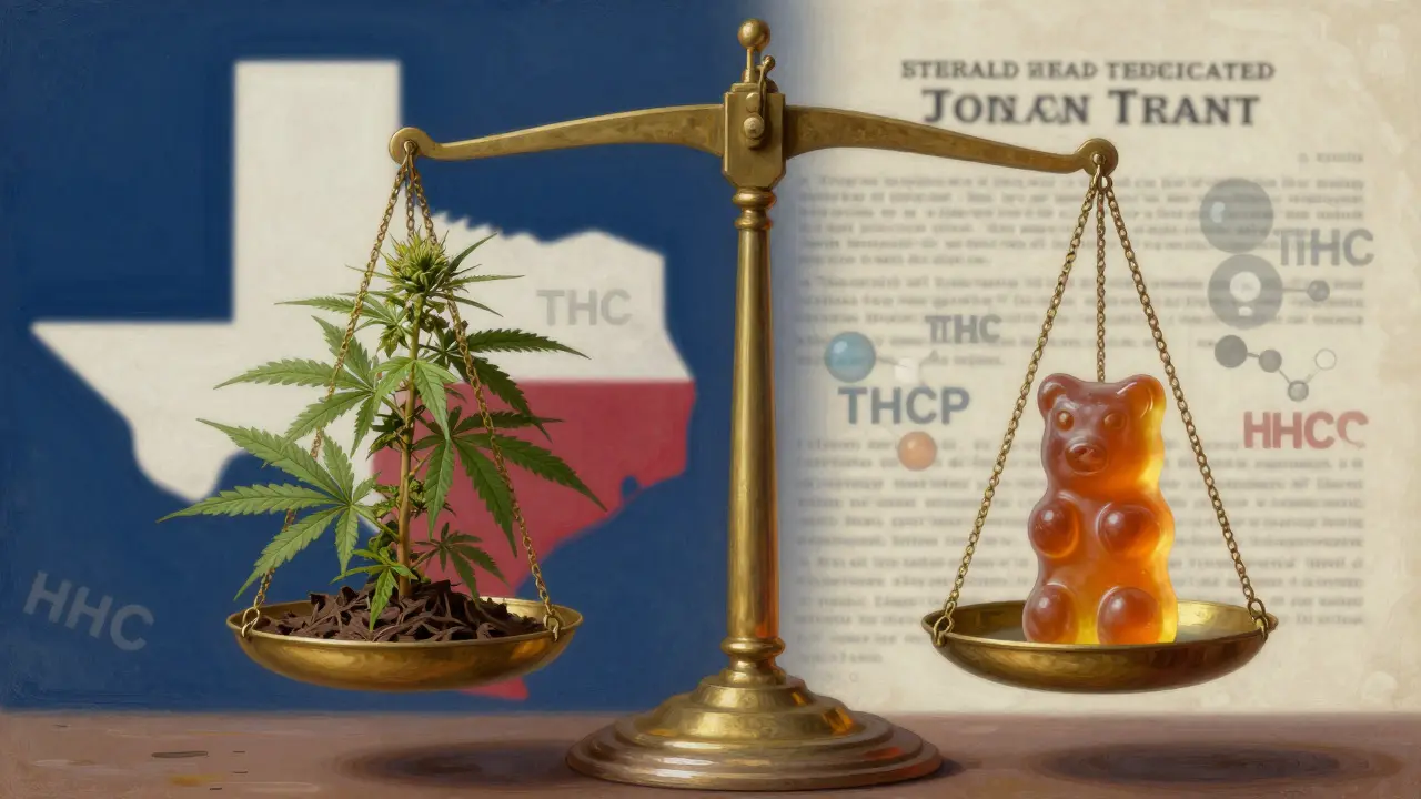 Konceptuální váha s konopím a gumičkou, symbolizující právní nejistotu delta-9 THC v Texasu.