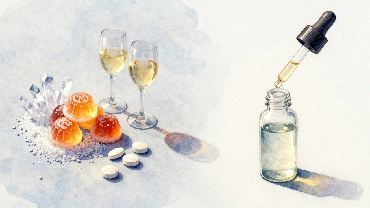 Kontrastní ilustrace: CBD gummy s přísadami vs. čistý CBD olej v kapkách.