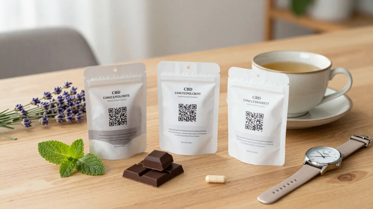 Kvalitní CBD edibilie s certifikáty a přírodními doplňky na dřevěném stole.