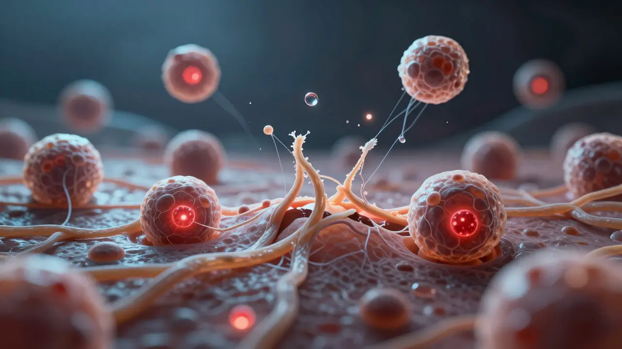 Microscopic view of collagen fibers breaking as dehydration and inflammation damage skin cells.