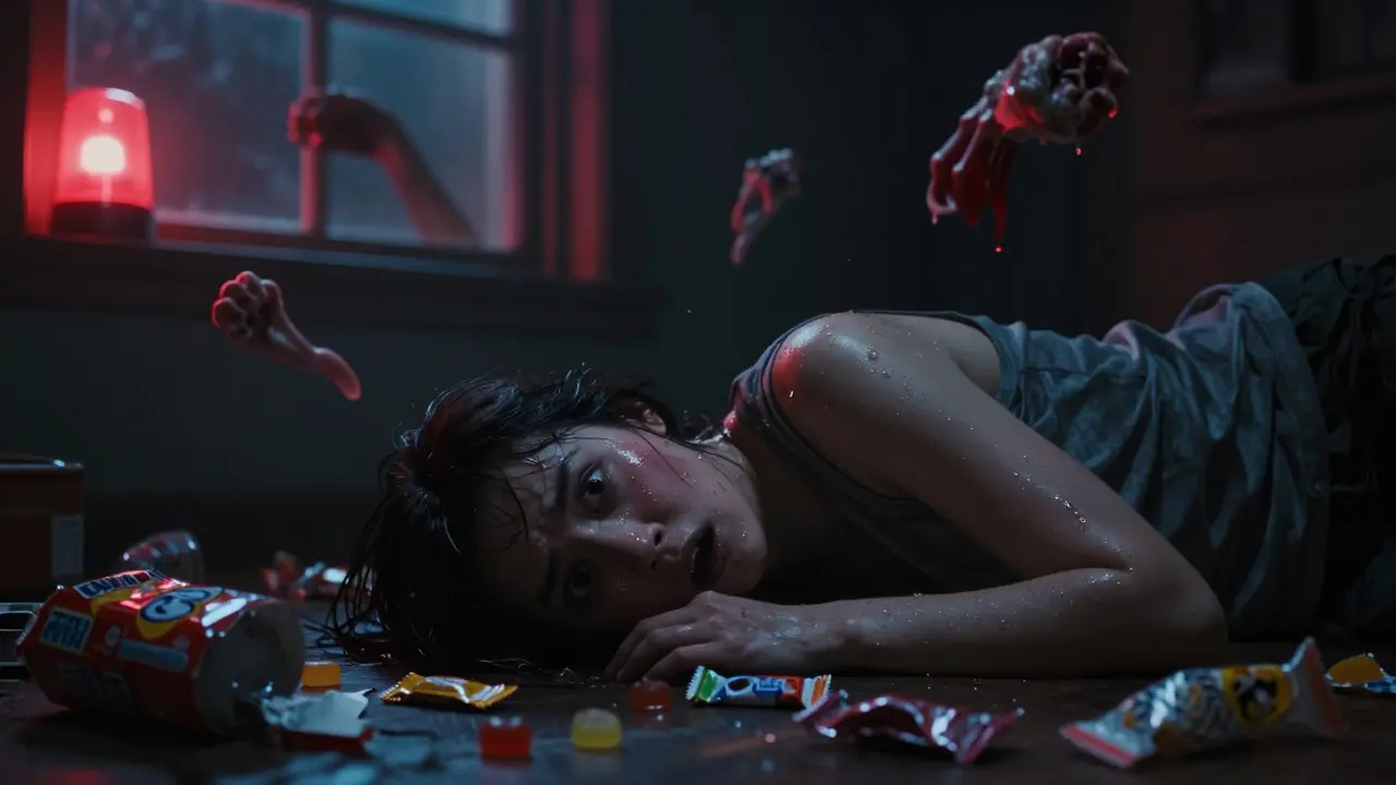 Muž na zemi s panikou v očích, kolem něj prázdné balení a halucinace v pozadí.