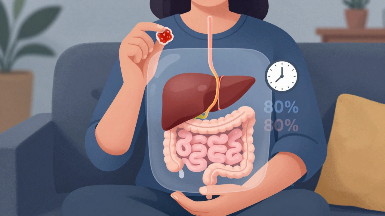 Osoba drží CBD gumičku, zároveň je vidět její pomalý průběh v těle.