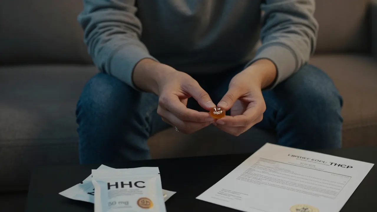 Osoba drží jednu žvýkačku s 1 mg THCP, kolem ní zahozené nebezpečné balení a certifikát analýzy.