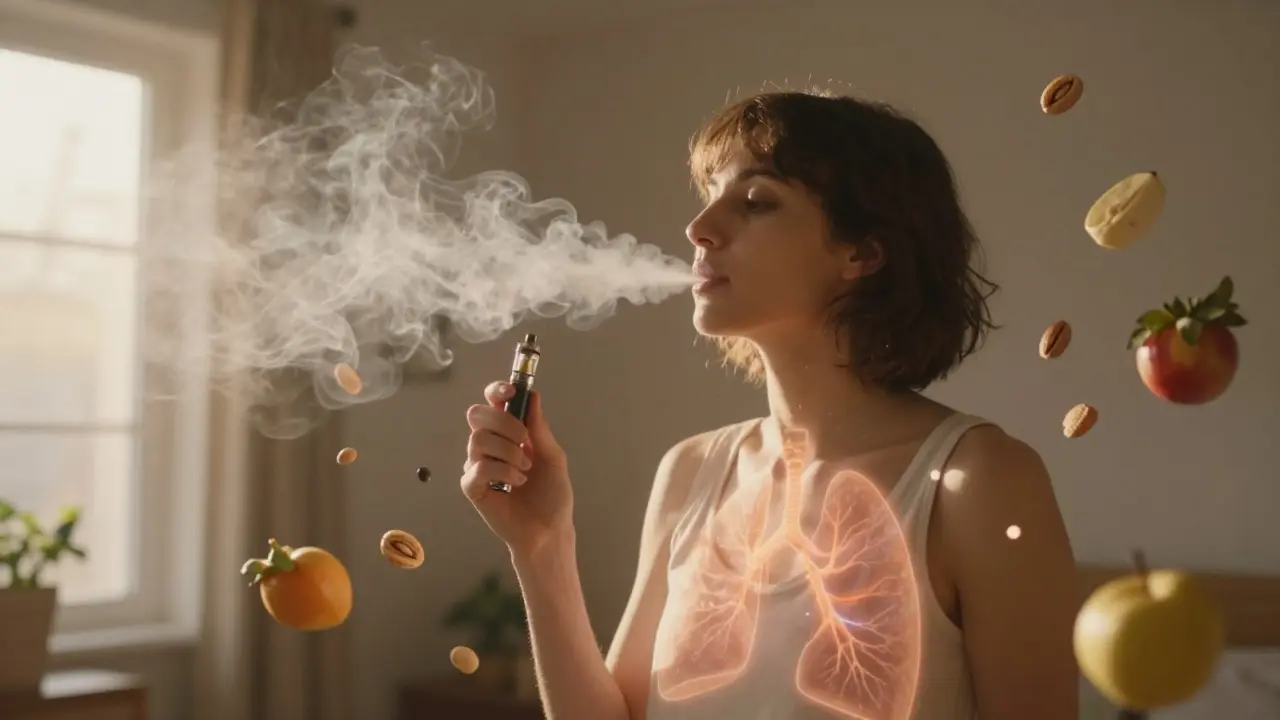 Osoba dýchá čistý vzduch, zatímco škodlivý kouř z vape mizí, kolem ní ovoce a zelenina.