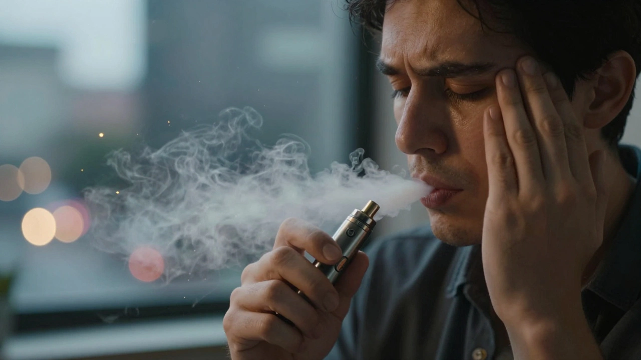 Osoba inhaluje CBD z vape pen během stresu, viditelné zlaté částice v parách.