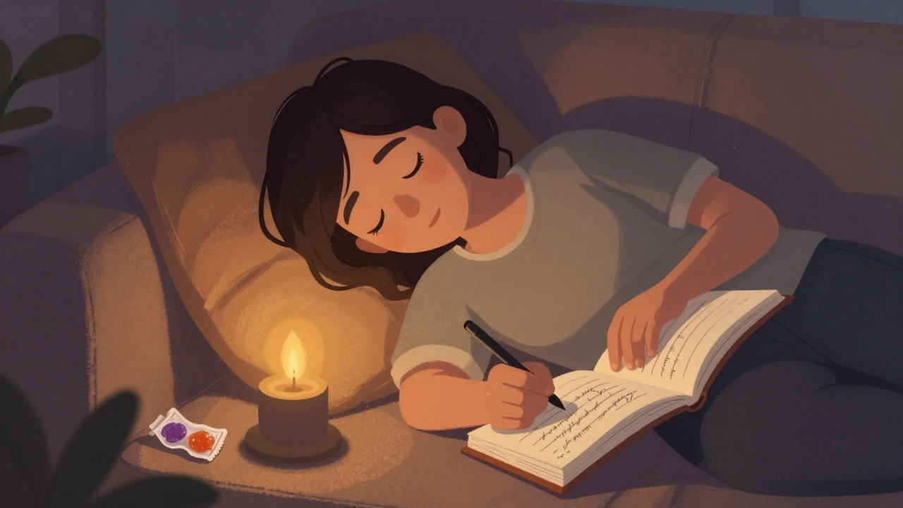 Osoba na gauči v soumraku s otevřeným sešitem, kde zapisuje své zkušenosti.