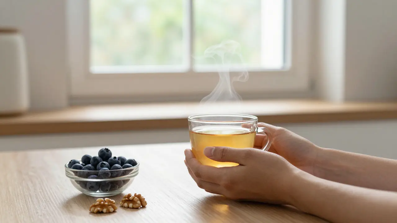 Osoba pije teplý bylinkový čaj u stolu s ořechy a borůvkami.