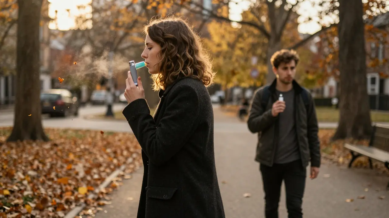 Osoba prochází parkem při západu slunce, drží CBD vape, listy se vznášejí kolem.