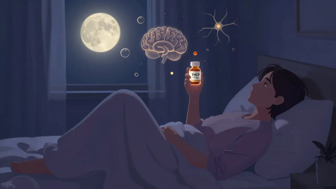 Osoba se uvolňuje v tmavé ložnici s THCP gumičkou a měsíčním světlem.