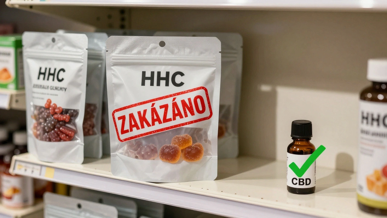 Police s HHC gumičkami a červeným zákazem, vedle nich CBD s označením bezpečné volby.