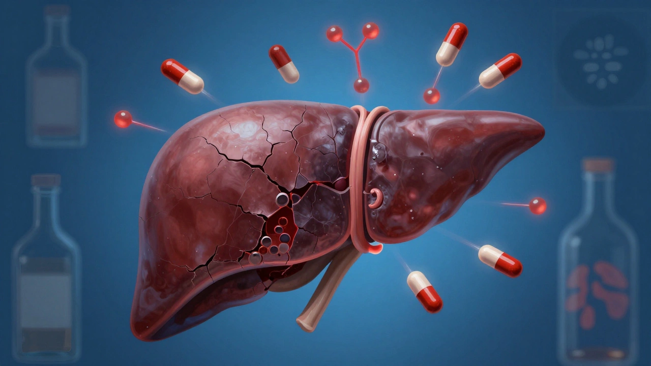 Poškozená játra s CBD kapslemi a růžovými enzymy, symbolizující riziko.