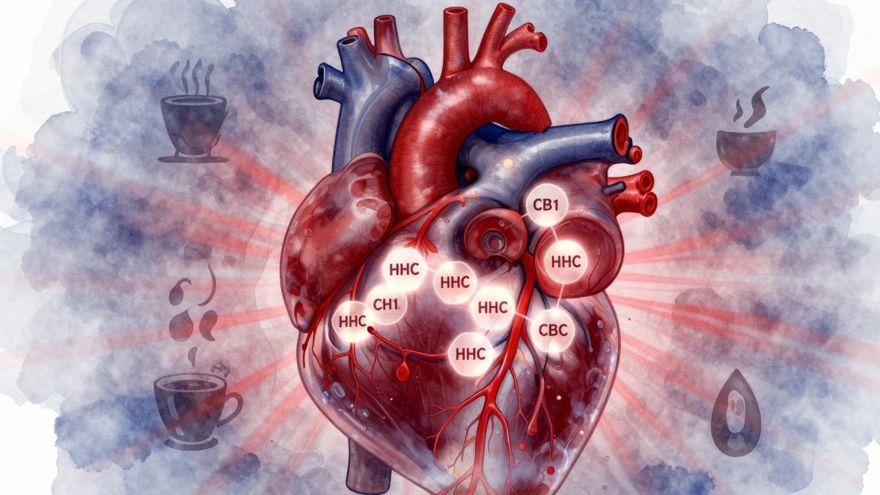 Průhledné srdce s molekulami HHC vázajícími na nervové receptory, vyvolávající pulzy.