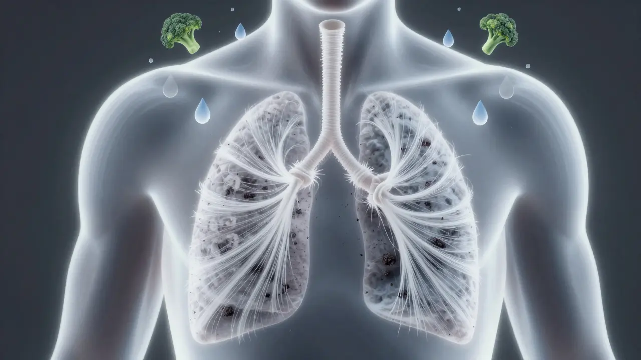 Průhledný torzo plic, které odstraňují tmavé částice podporované řasinkami.