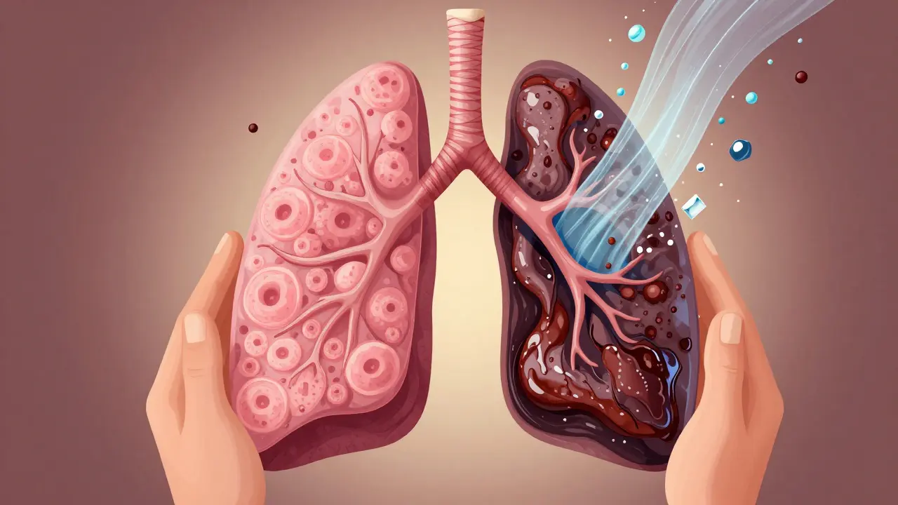 Průřez plicí: zdravé alveoly vpravo, poškozené s nečistotami vlevo.