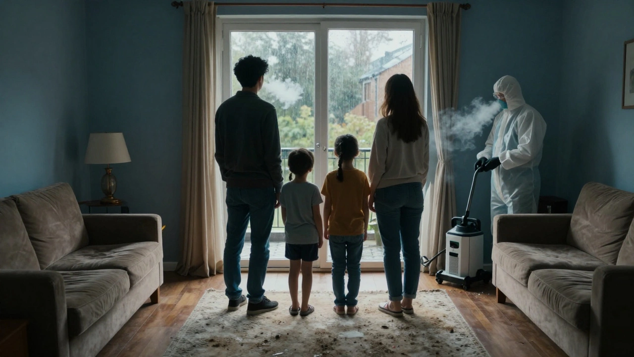 Rodina pozoruje, jak někdo vypařuje venku, zatímco v domě pracuje profesionální čistič.